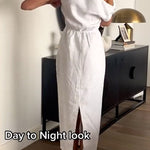 Margovil Asymmetric Shoulder Back Slit Cotton Linen Maxi Dress