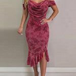 Women's Cold Shoulder Pearls Decor Strap Ruffle Midi Dress Cowl Neck Flocked Rose Slit Mermaid Bodycon Dress