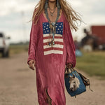 Vintage Casual Western Long Sleeve Flag Print Pink Cotton Loose Maxi Dress