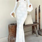 Margovil Bell Long Sleeves Backless Lace-up Shell Print Maxi Dress