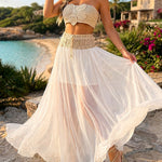 Women's Floral Crochet Two Piece Outfit Tube Top and Drawstring Sheer Maxi Skirt Set with Shorts