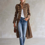 Vintage Washed Denim Military Officer Longline Gold-Button Fitted Statement Coat Women