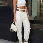 Women's Pockets Design Cargo Pants Casual High Waisted Trousers with Contrast Belt