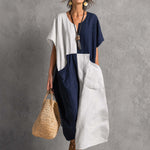 Retro White And Blue Color Blocked Cotton And Linen Short Sleeved Midi Dress