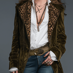 Boho Luxe Olive Velvet Leopard Lapel Long Coat