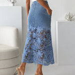 Women's Guipure Lace Spliced Denim Skirt High Waisted Jean Skirt French-Style Casual Skirt