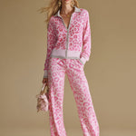 Elegant And Retro Color-blocked Leopard Print Knitted Top And Pants Set.