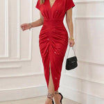 Women's Deep V Neck Glitter Bodycon Dress Ruched Batwing Sleeve High Slit Evening Gown Sparkly Cocktail Party Dress