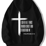 KZZ Men's Cross & Letter Print Drop Shoulder Hoodie,  Casual Regular Fit Hooded Sweatshirt