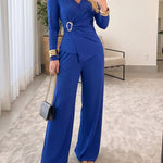 Women's 2 Piece Set Overlap V-Neck Ruched Long Sleeve Top and Wide Leg Pants Set
