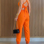 Women's Elastic Straps Jumpsuit Sexy Backless Cutout Square Neck Cami Overalls High Waist Tied Back Cuffed Jumpsuit