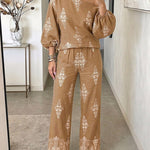 Women's 2 Piece Vintage Print Bohemian Outfit Skew Neck Lantern Sleeve Top and High Waisted Pants Set Casual Vacation Set