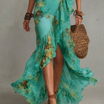 Grass Green Chiffon Irregular Ruffled Slit Maxi Dress