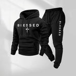 KZZ Men's Blessed Cross Letter Pattern Print Hoodie and Drawstring Sweatpants Set