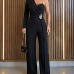 Rhinestone Decor One Shoulder Adjustable Spaghetti Strap Overalls Casual Long Sleeve Wrap Front Wide Leg Jumpsuit