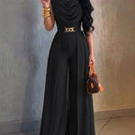 Women's Cowl Neck Wide Leg Jumpsuit High Waist Sleeveless Chiffon Overlay Spliced Evening Overalls with Belt