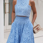 Margovil Lace Hollow Out Crewneck Crop Tank Top High Waist Maxi Swing Skirt Set