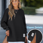 Letter Patch Detail Long Sleeve Drop Shoulder Pullover Sweatshirt Casual Zipper Side Slit Top
