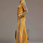 Casual Sporty Retro Leopard Print Trim Yellow Velvet Sweatshirt Wide-Leg Pants Set