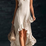 Margovil V Neck Sleeveless High Low Hem Ruffle Maxi Dress