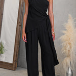 One Shoulder Irregular Hem Top High Rise Pocketed Wide Leg Pants Set