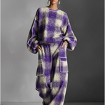Women's Red And Gray Plaid Brushed Distressed Street Style Color-Blocked Piping Pantsuit Set