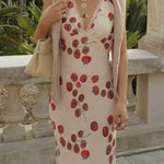 Sleeveless V Neck Lace Trim Tomato Print Maxi Dress