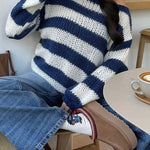 Margovil Drop Shoulder Striped Casual Pullover Sweater