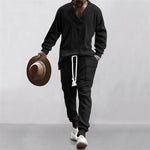 KZZ Two-piece Set Men's Solid Jacquard Drop Shoulder V Neck Top & Drawstring Waist Pants