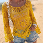 Women's Crochet Hollow Out Knit Top Batwing Sleeve Loose Cover Up Asymmetric Hem Sheer Bohemian Knitwear