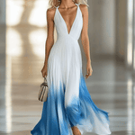 Elegant And Flowing V-Neck Pleated Chiffon Blue Gradient White Maxi Dress