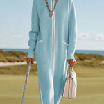 Sporty And Stylish White-trimmed Blue Knit Maxi Dress