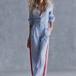 Casual Fashion Lapel Button-front Light Blue Striped Jumpsuit