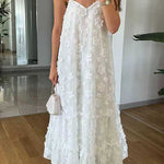 Margovil V Neck Sleeveless Flower Applique Ruffle Maxi Dress