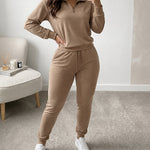 2 Pieces Outfit High Neck Half Zip Drop Shoulder Top and Drawstring Elastic Waist Slim Fit Jogger Pants Set Casual Tracksuit