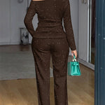 2 Pieces Outfit Cowl Neck Lace Spliced Long Sleeve Top and Elastic Waist Wide Leg Pants Set Casual Glitter Set