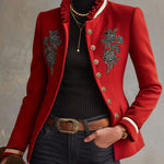 Ruffled Stand-up Collar Single-breasted Rose Embroidered Jacket