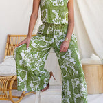 Elastic Waist Floral Print Pocketed Wide Leg Pants