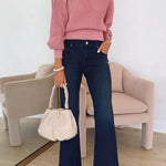 4 Colors Crewneck Back Cut Out Splice Knitting Sweater