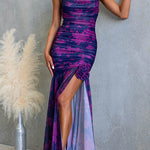 Spaghetti Strap Ruched Slit Floral Print Maxi Dress