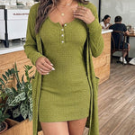 2 Pieces Outfit U-Neck Half Button Front Slim Fit Mini Tank Dress and Long Sleeve Pockets Design Mid-length Cardigan Casual Rhinestone Decor Textured Set