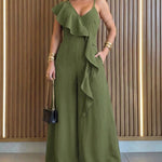 V-Neck Adjustable Spaghetti Straps Backless Overalls Casual Zipper Back Wide Leg Jumpsuit with Convertible Ruffles Tie Panel