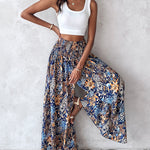 Boho Vintage Floral Print Shirred High Waist Wide Leg Pants