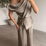 Asymmetrical Shoulder Ruched Top Straight Leg Pants Satin Set