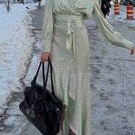 Polka Dot V Neck Puff Long Sleeves Top High Rise Ruffle Maxi Skirt Set