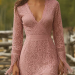 Retro White Lace V-neck Long Sleeve Tassel Short Front And Long Back Skirt Maxi Dress