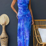 Asymmetric Shoulder Ruched Waist Floral Print Maxi Dress