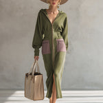 Elegant Olive Green Hooded Narrow Waist Zip-up Sweatshirt Long Sleeve Maxi Dress