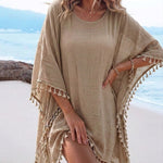 Women's Front & Back Reversible Beach Cover Up Crochet Lace Hollow Out Spliced Tassel Vacation Caftan Dress