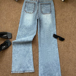 Allover Rhinestone Decor High Waist Zipper Fly Jeans Casual Flared Denim Pants with Rhinestone Decor Belt